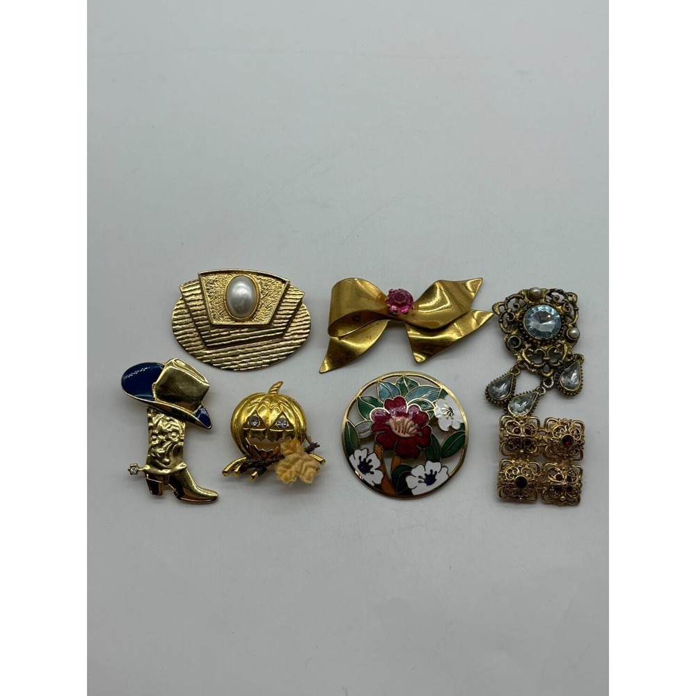 Vintage Gold Tone Brooch Lot 7pc Cowboy Boot Pumpkin Floral Bow Faux‎ Pearl J224